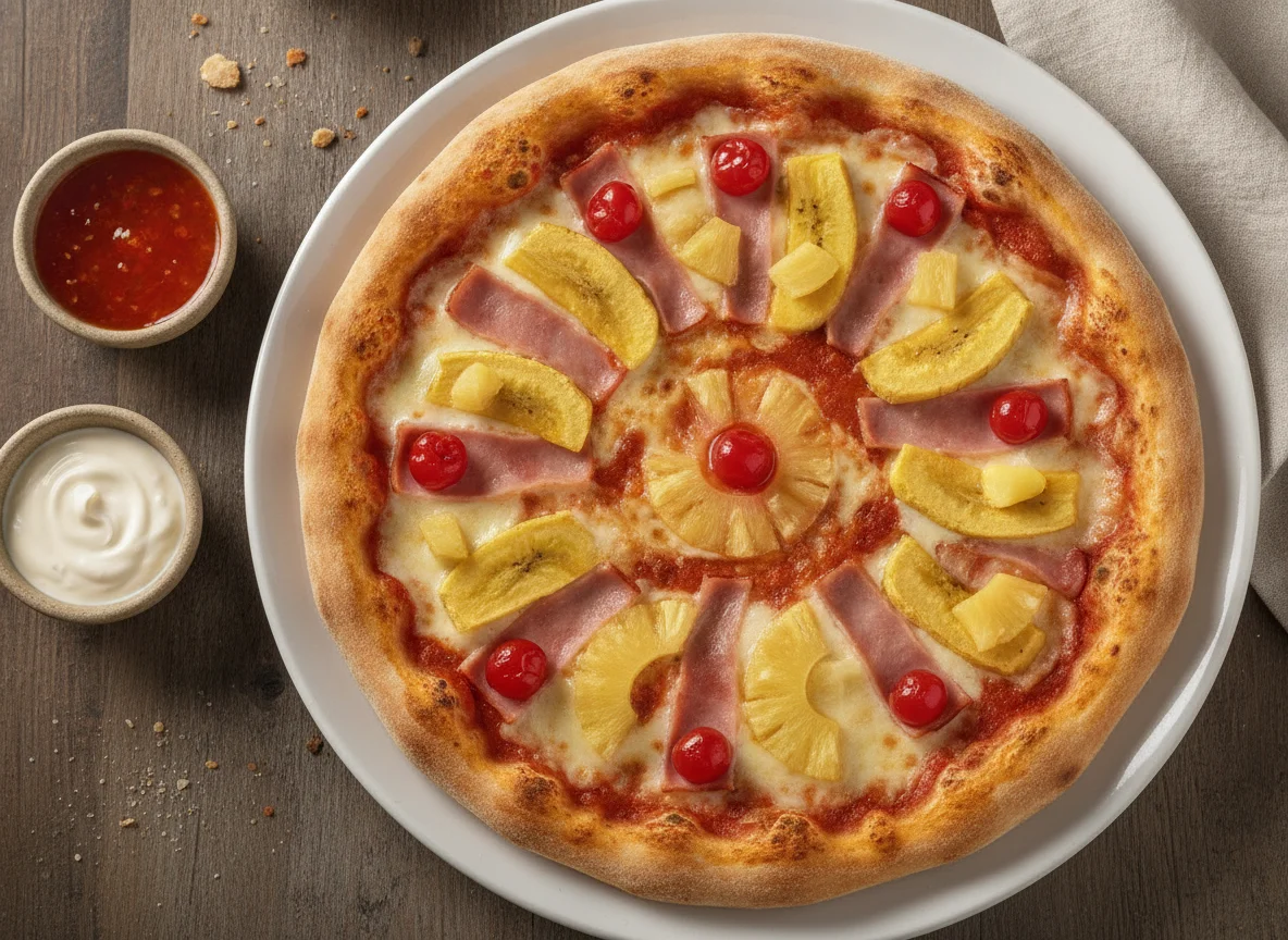 Pizza con jamón, piña, plátano y cerezas photo