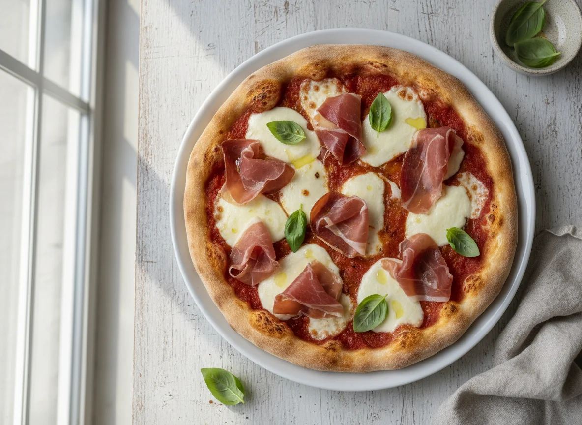 Pizza con jamón serrano y albahaca photo