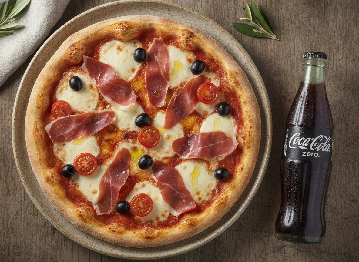 Pizza con jamón, tomates cherry y aceitunas photo