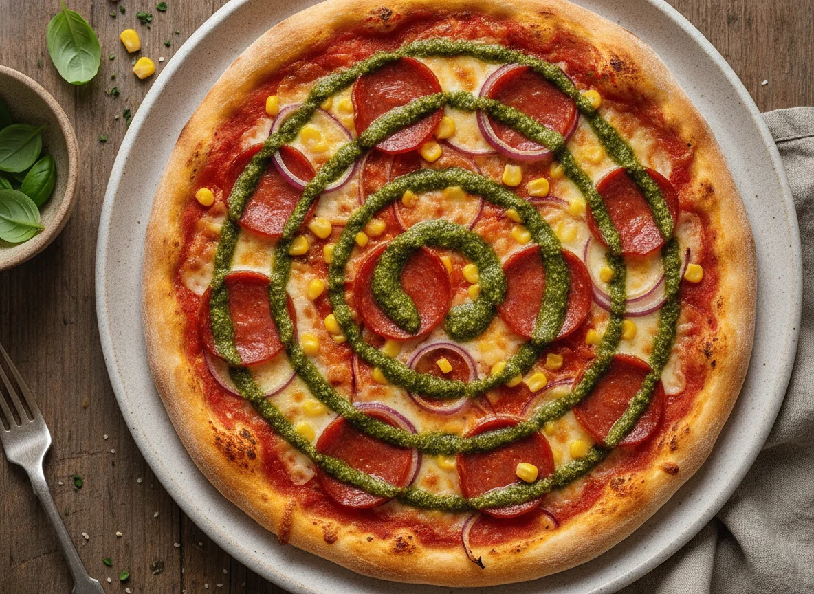 Pizza con maíz, cebolla roja, pepperoni y pesto photo