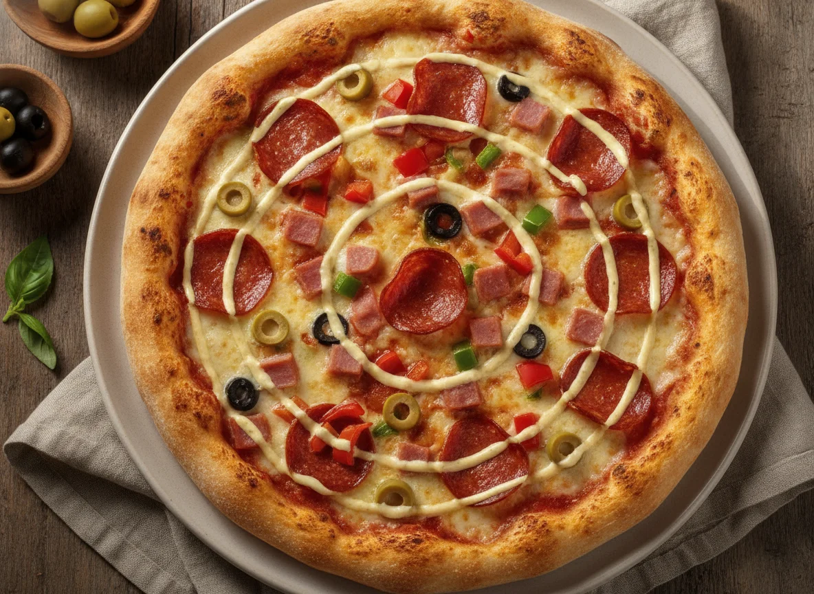 Pizza con pepperoni, jamón y aceitunas photo