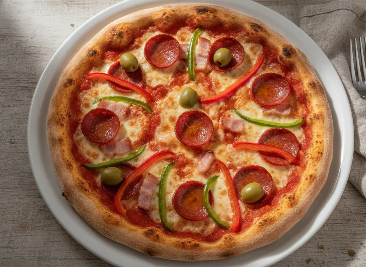 Pizza con pepperoni, panceta, pimientos y aceitunas photo