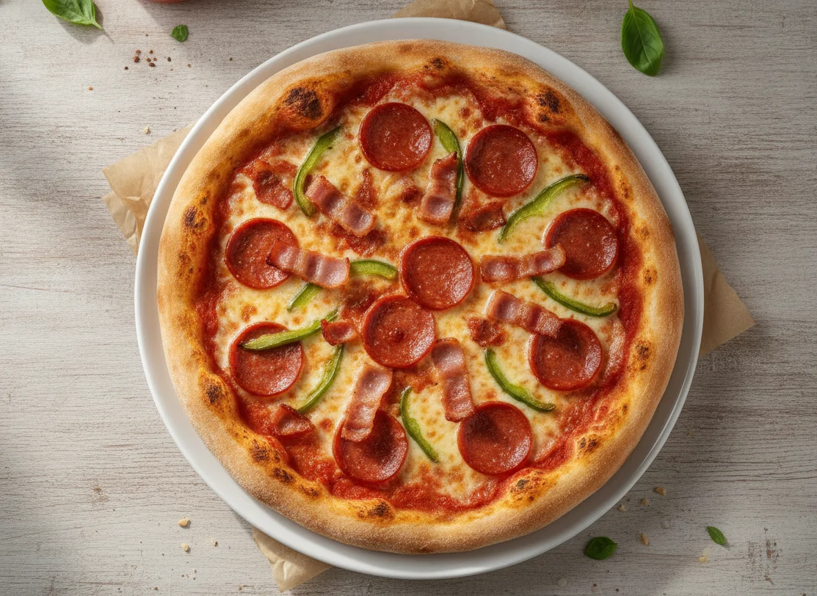 Pizza con pepperoni, pimiento y tocino photo