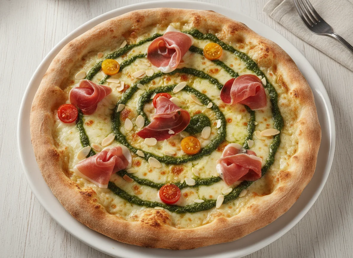 Pizza con pesto, jamón serrano y almendras photo
