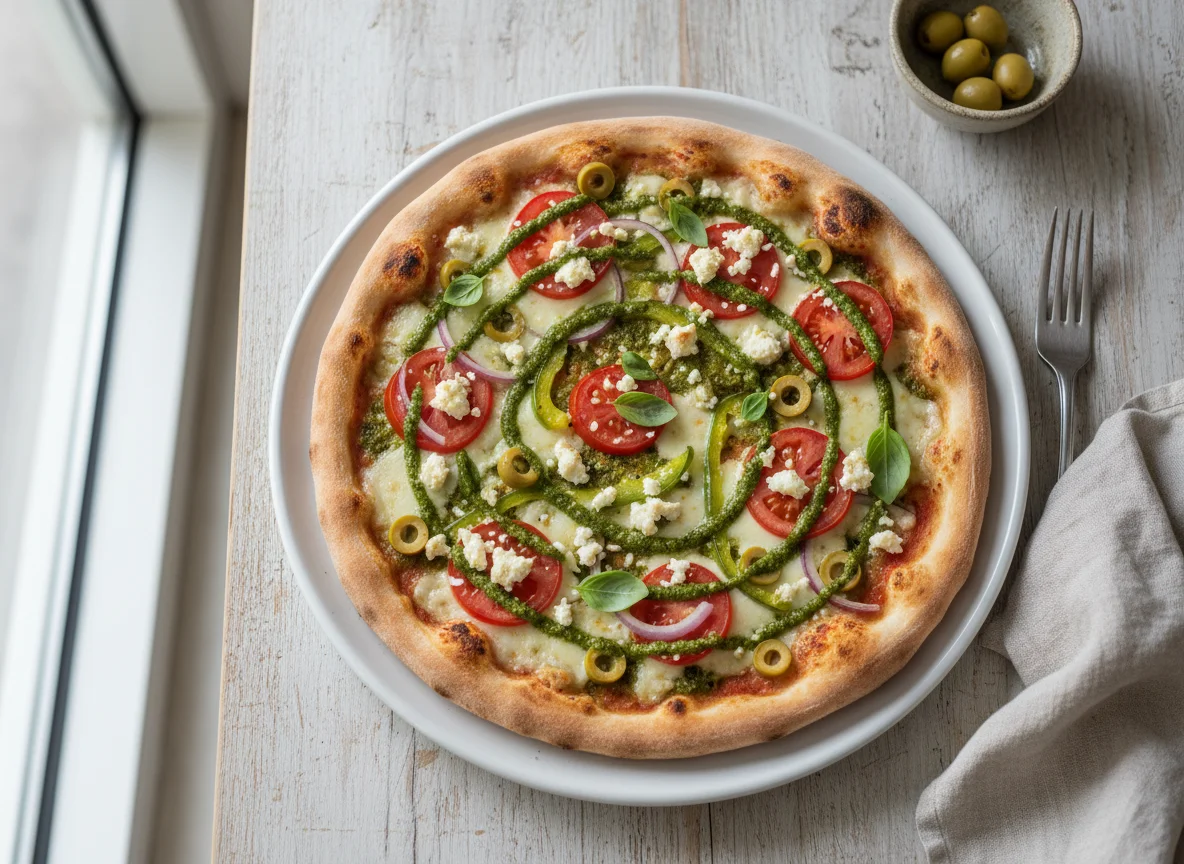 Pizza con pesto, queso feta y verduras photo