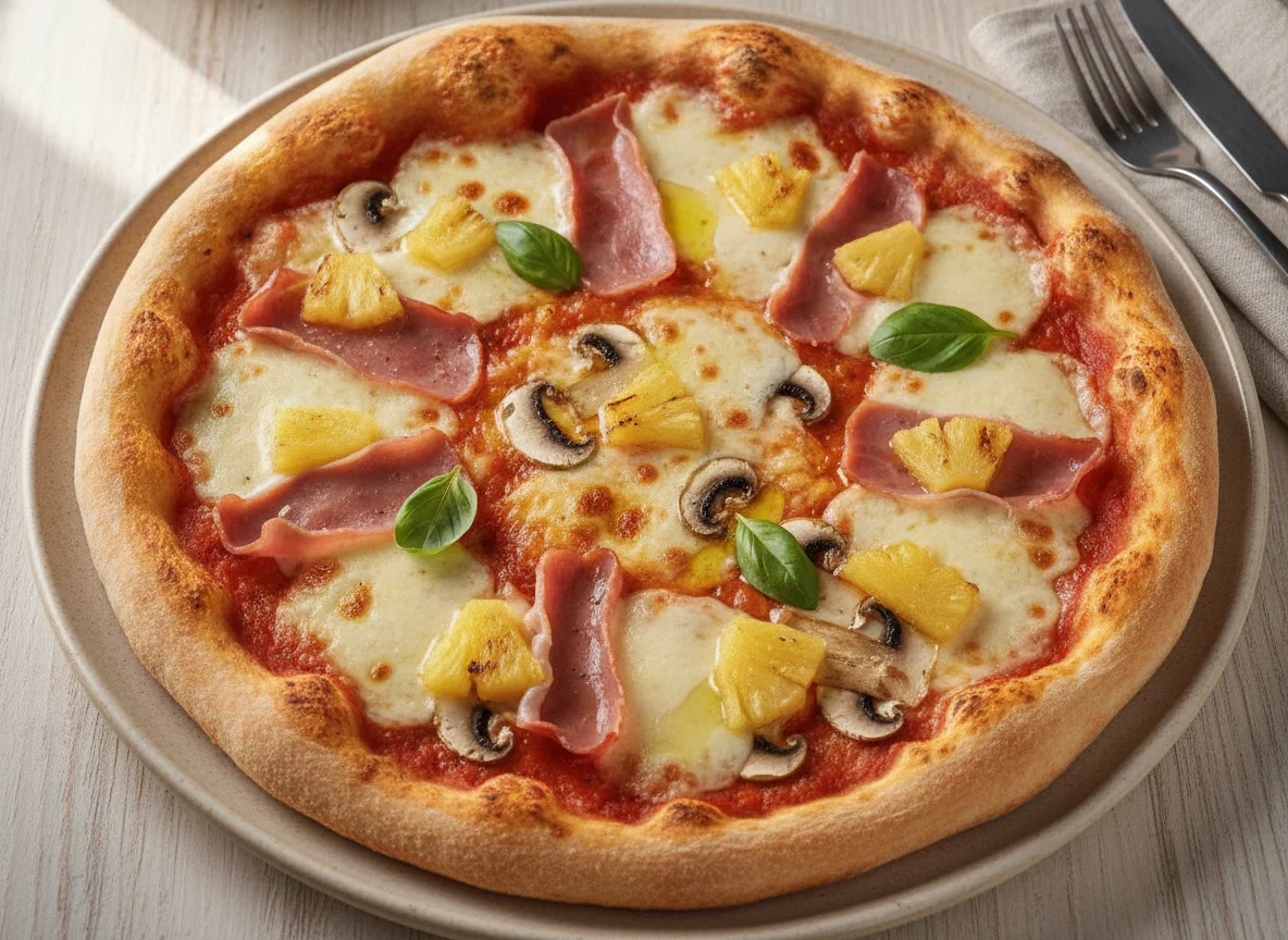 Pizza con piña, champiñones y jamón photo