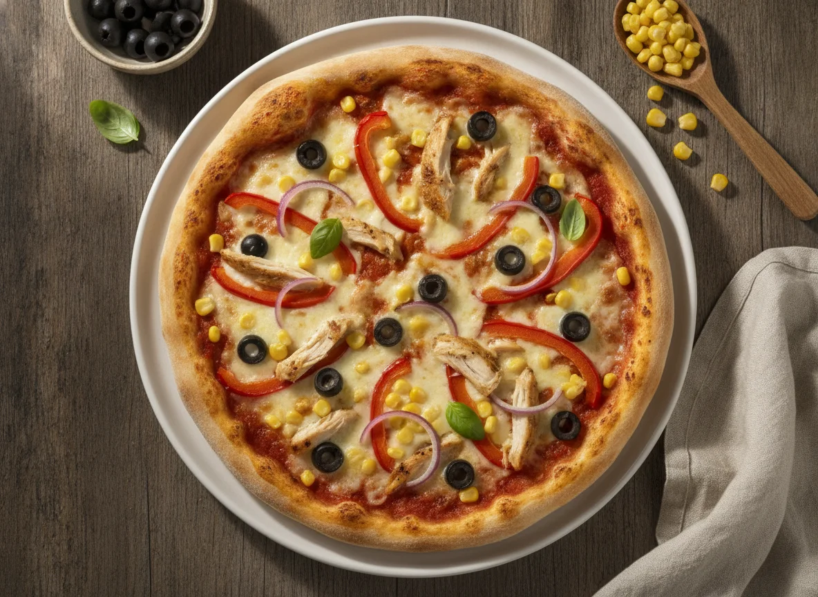 Pizza con pollo, aceitunas y maíz photo