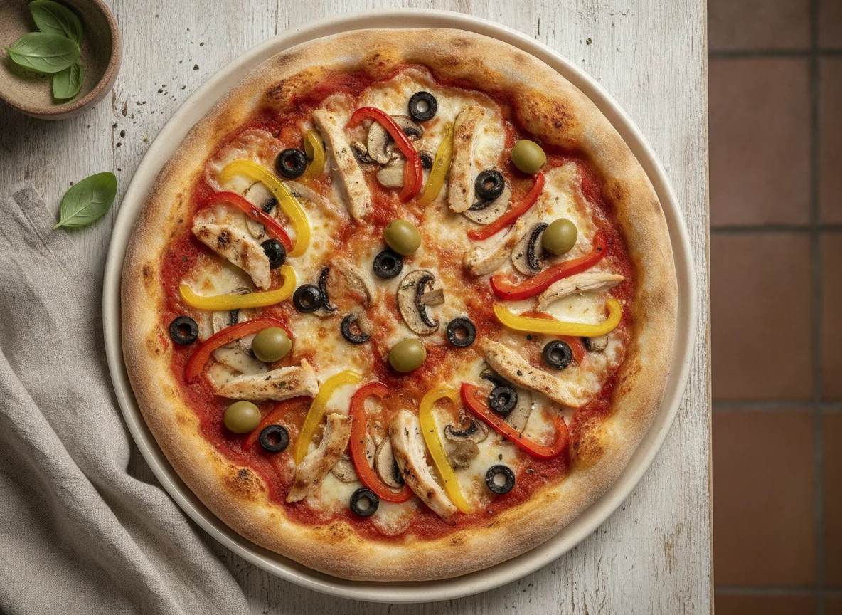 Pizza con pollo, aceitunas y pimientos photo
