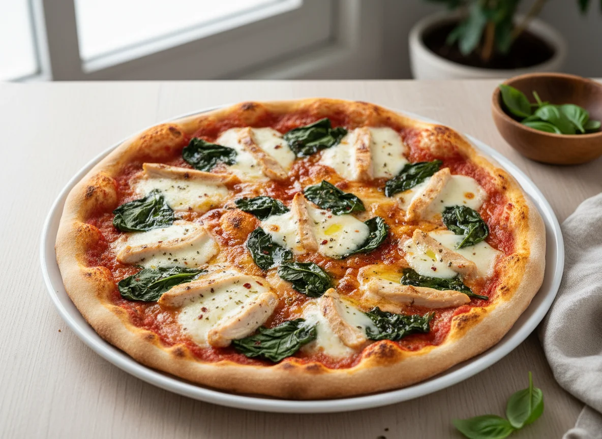 Pizza con pollo, espinacas y mozzarella photo