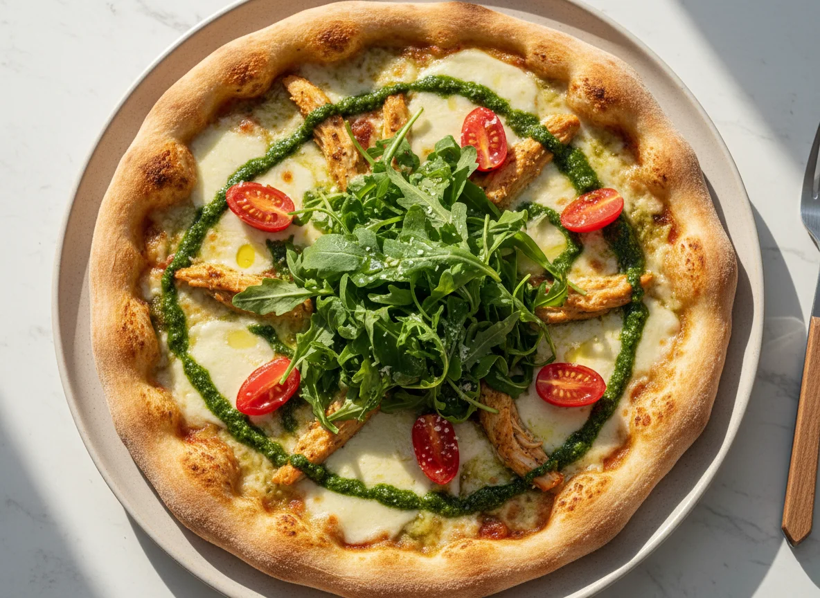 Pizza con pollo, pesto y rúcula photo