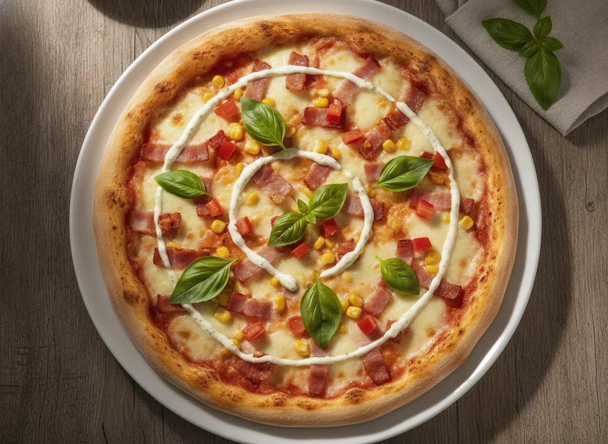 Pizza con tocineta, maíz y albahaca photo