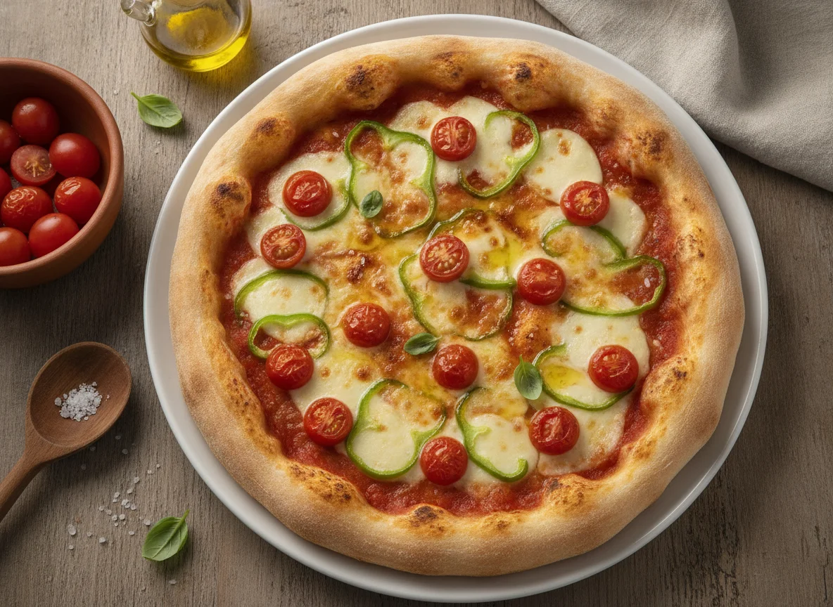 Pizza con tomates cherry y pimiento verde photo