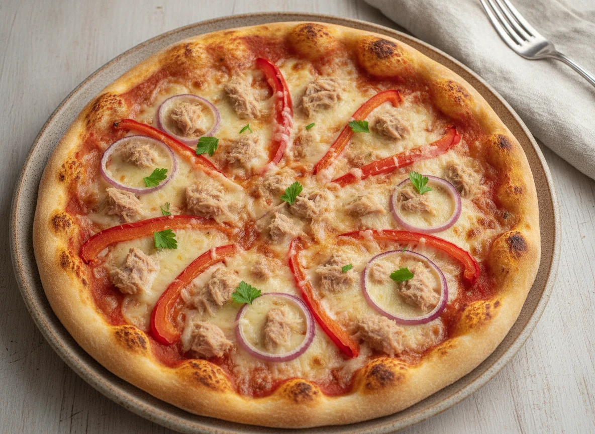 Pizza de atún, pimiento y cebolla roja photo