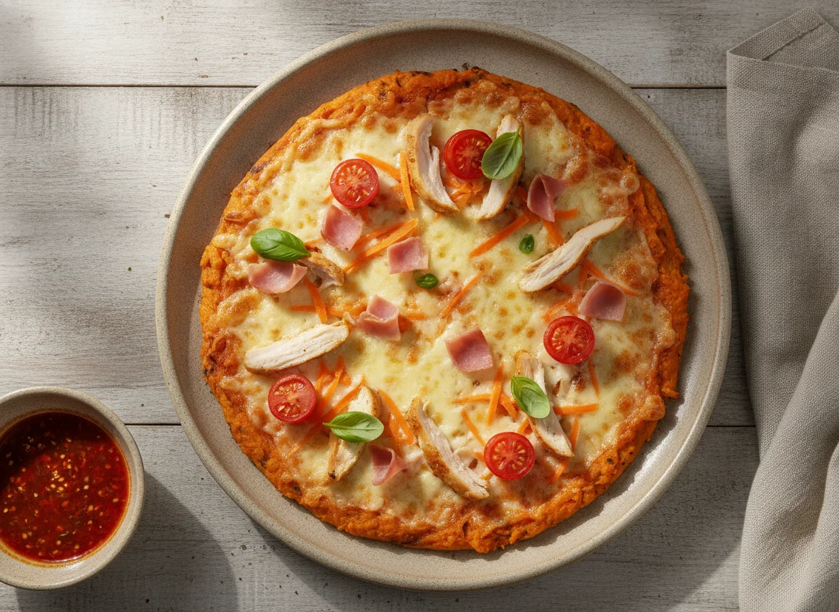 Pizza de boniato con pollo y zanahoria photo