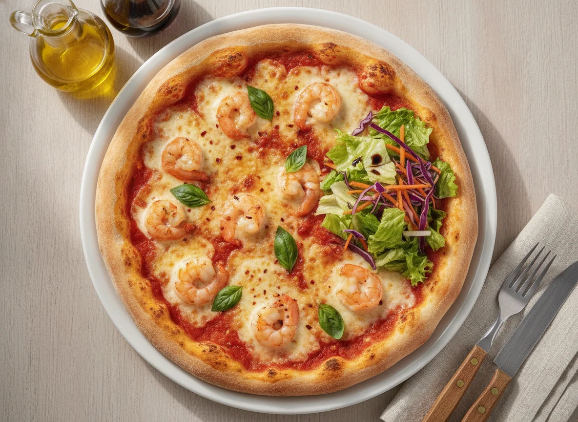 Pizza de camarón con ensalada mixta photo