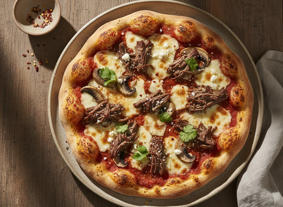 Pizza de carne deshebrada y champiñones photo
