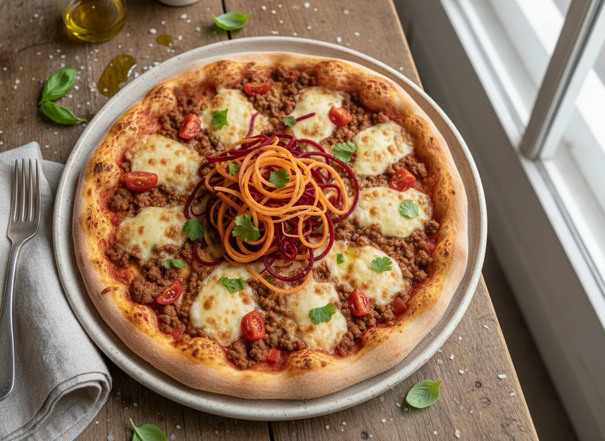 Pizza de carne molida con ensalada de zanahoria y betabel photo