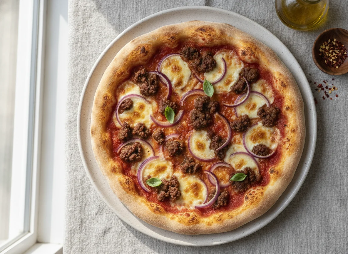 Pizza de carne picada y cebolla roja photo