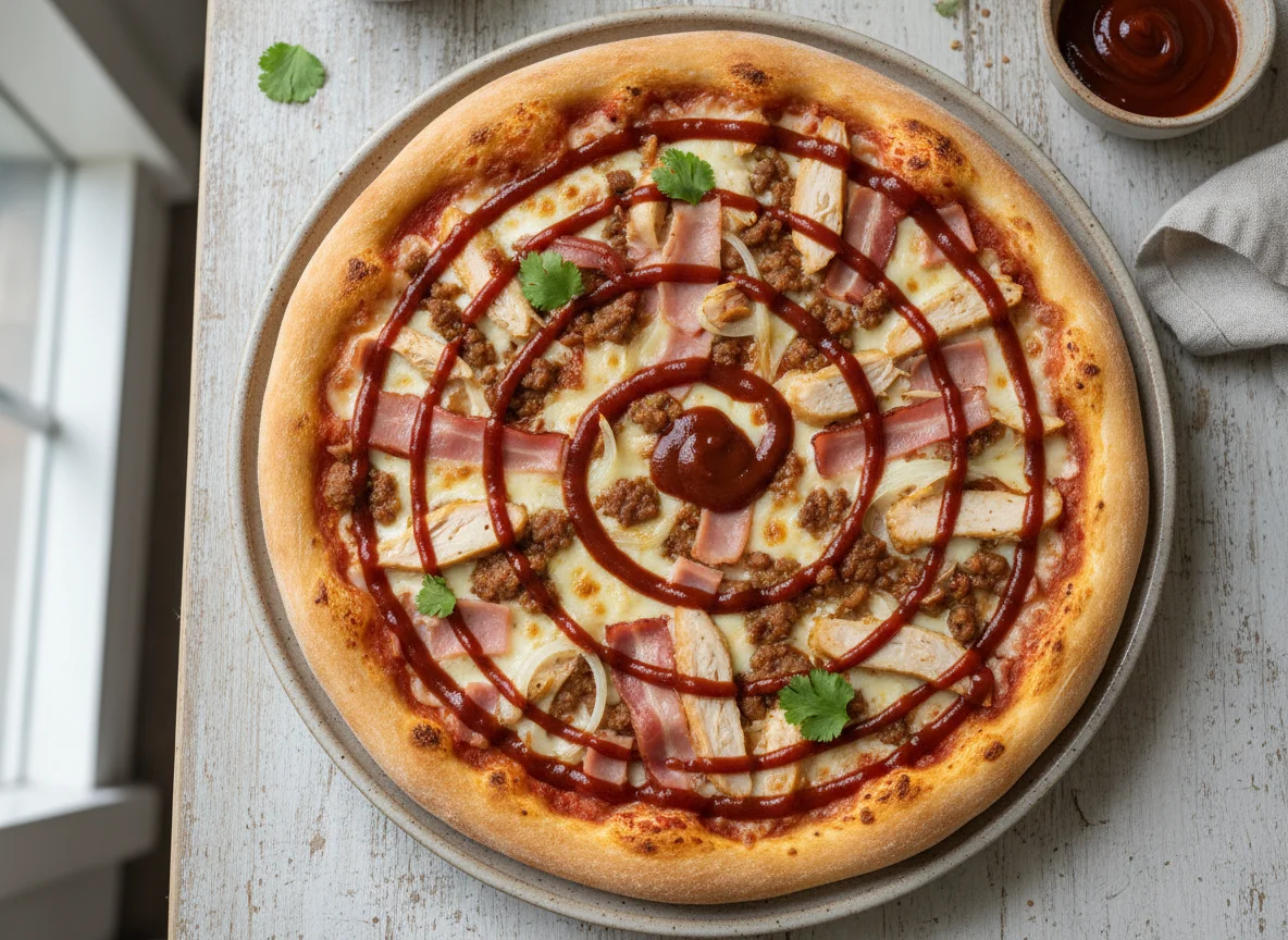 Pizza de carnes variadas con salsa barbacoa photo