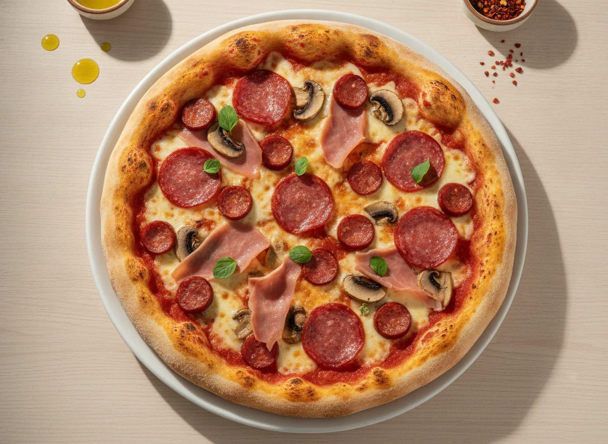 Pizza de carnes y champiñones photo