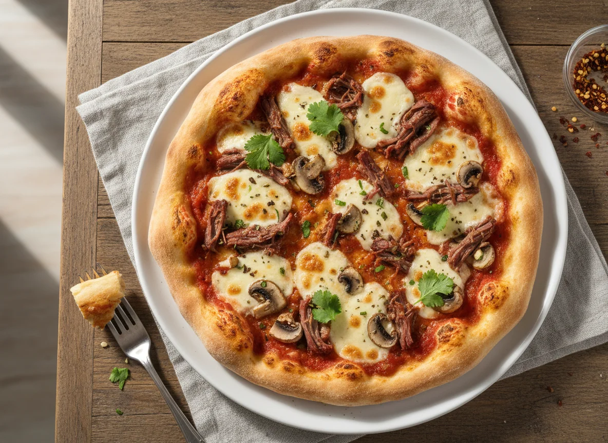 Pizza de champiñones y carne deshebrada photo