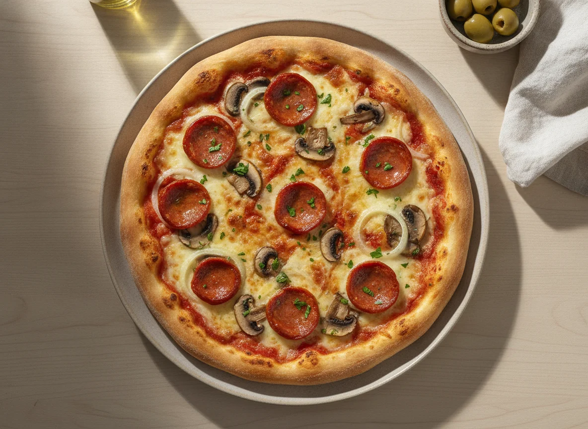 Pizza de chorizo con champiñones y cebolla photo
