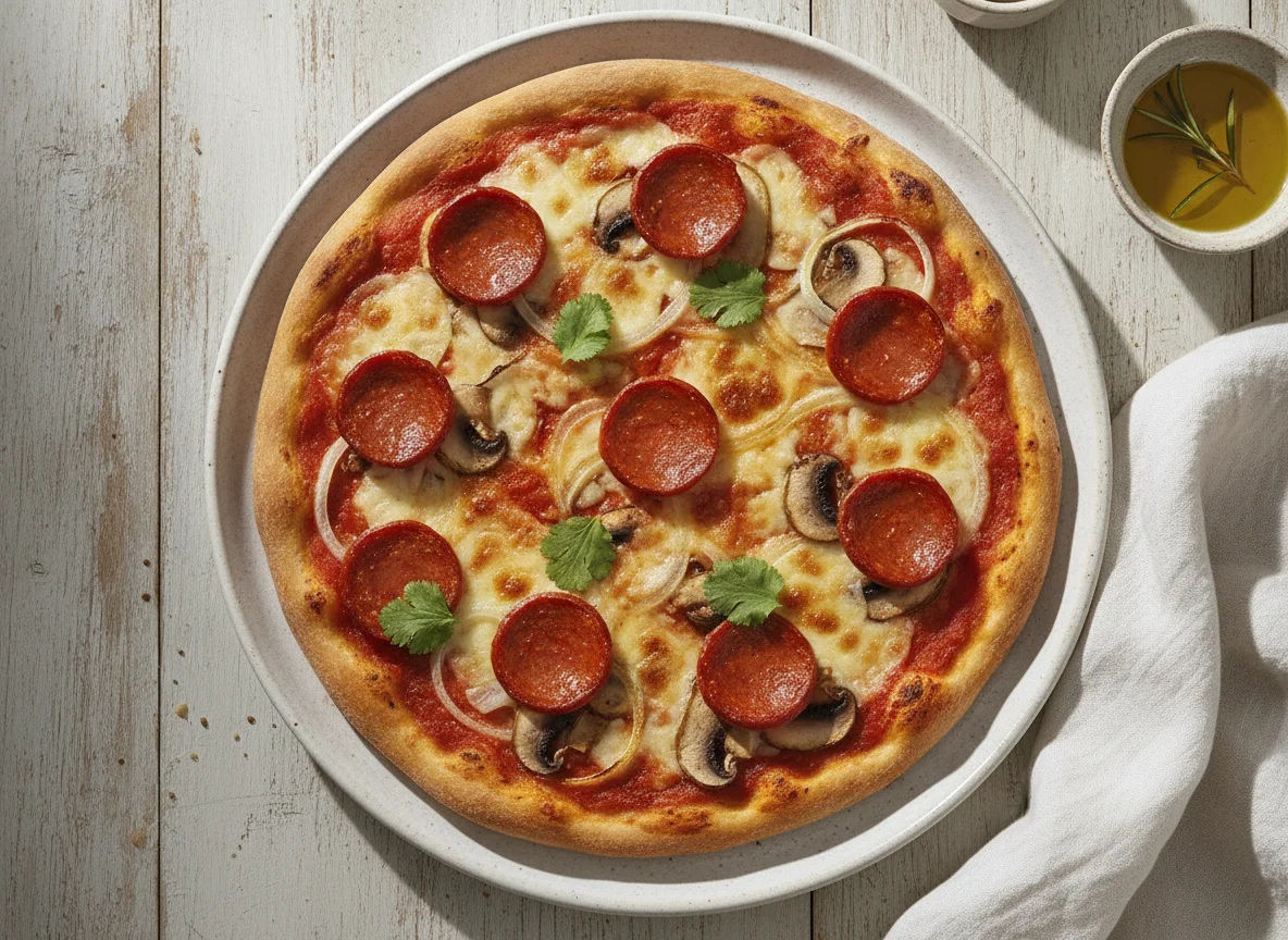 Pizza de chorizo y champiñones photo