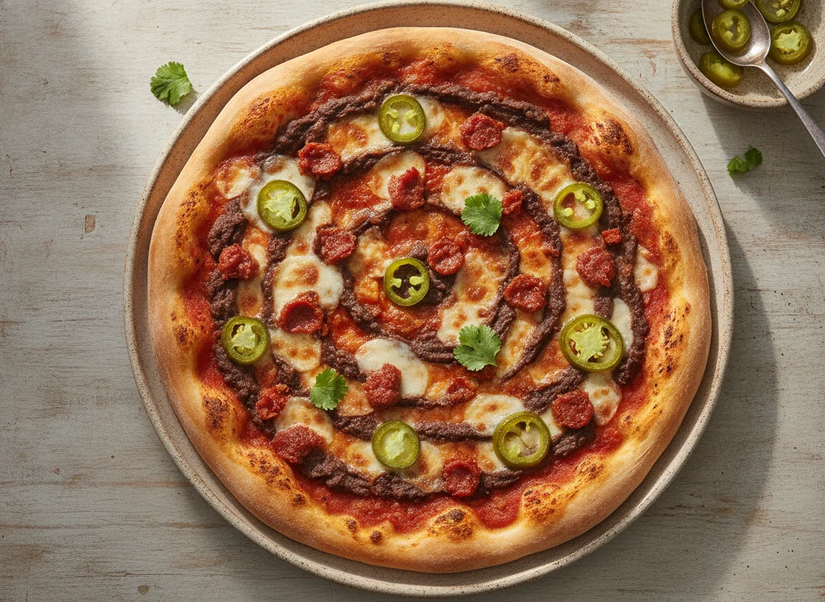 Pizza de frijoles con chorizo y jalapeños photo