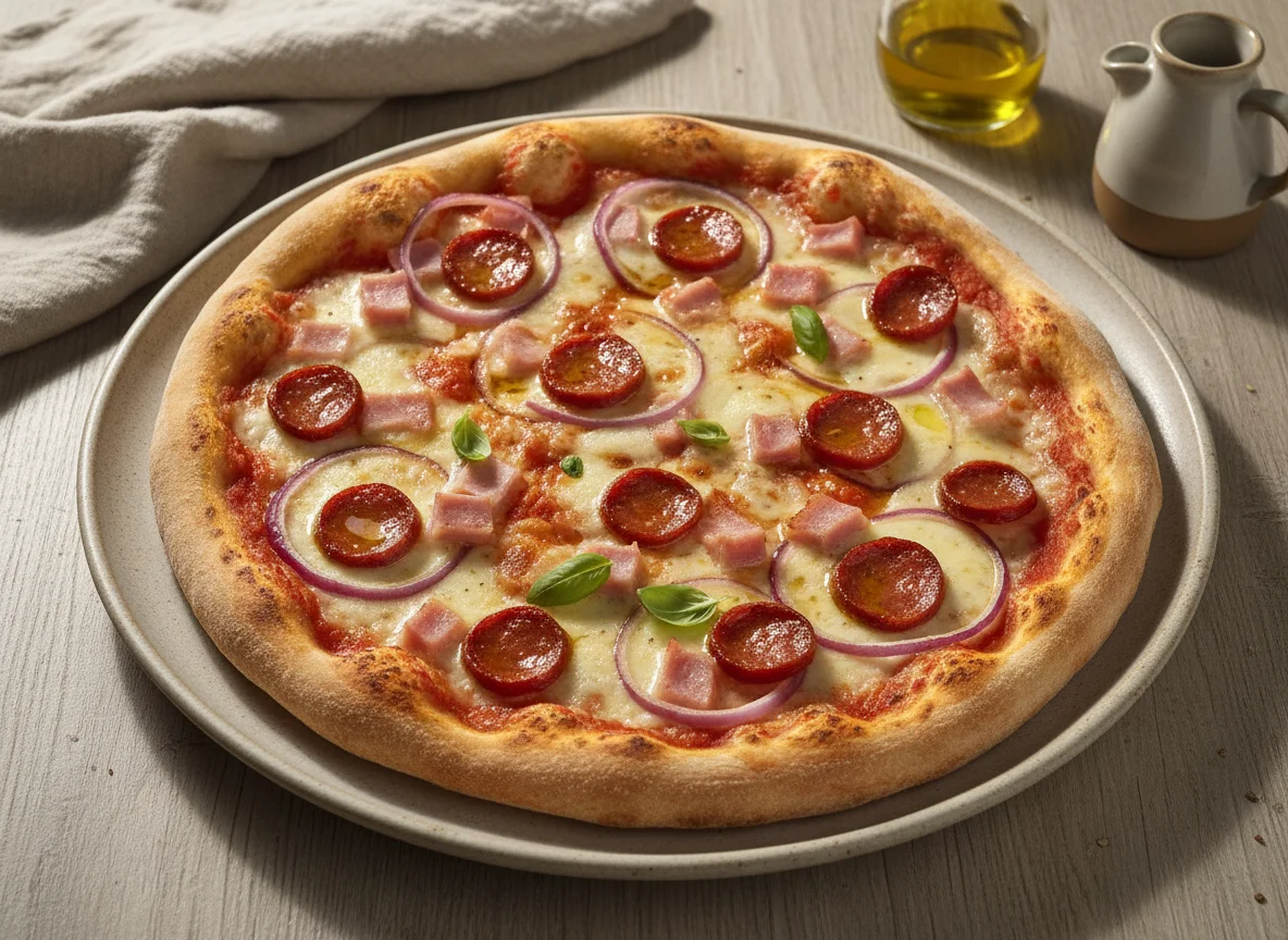 Pizza de jamón, cebolla y chorizo photo