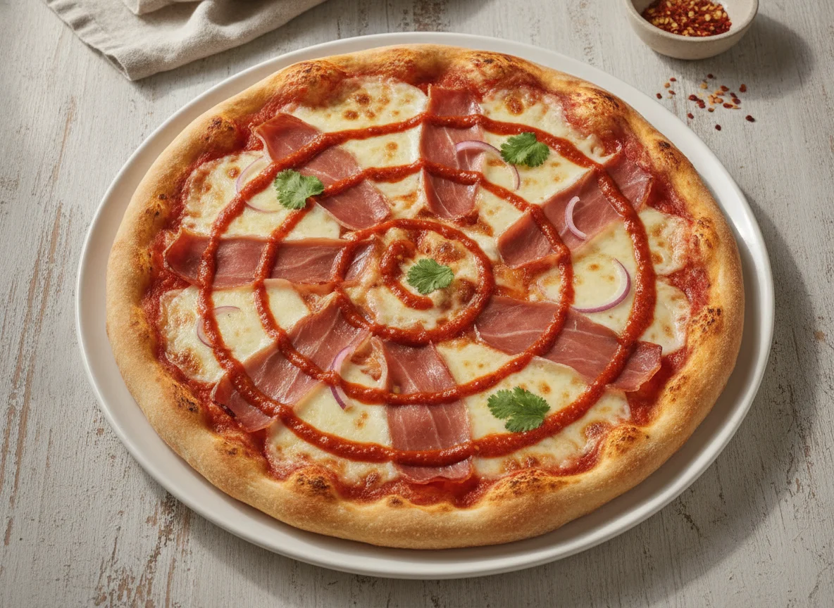 Pizza de jamón con salsa picante photo