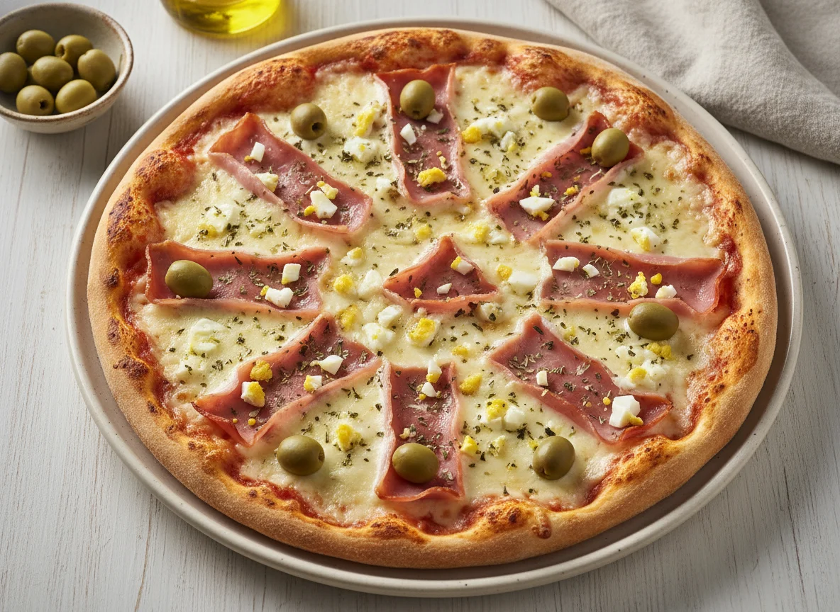 Pizza de jamón, queso y aceitunas photo