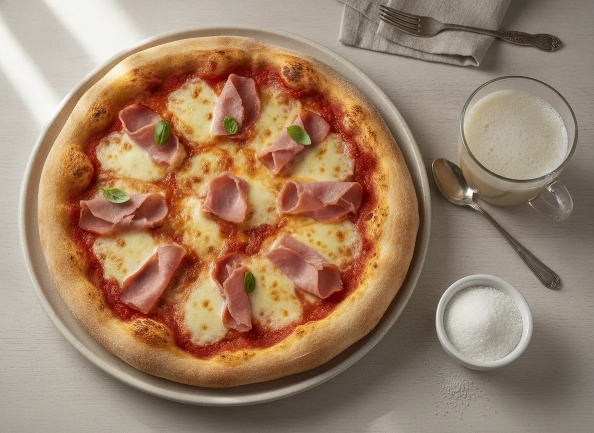 Pizza de jamón y café con leche photo