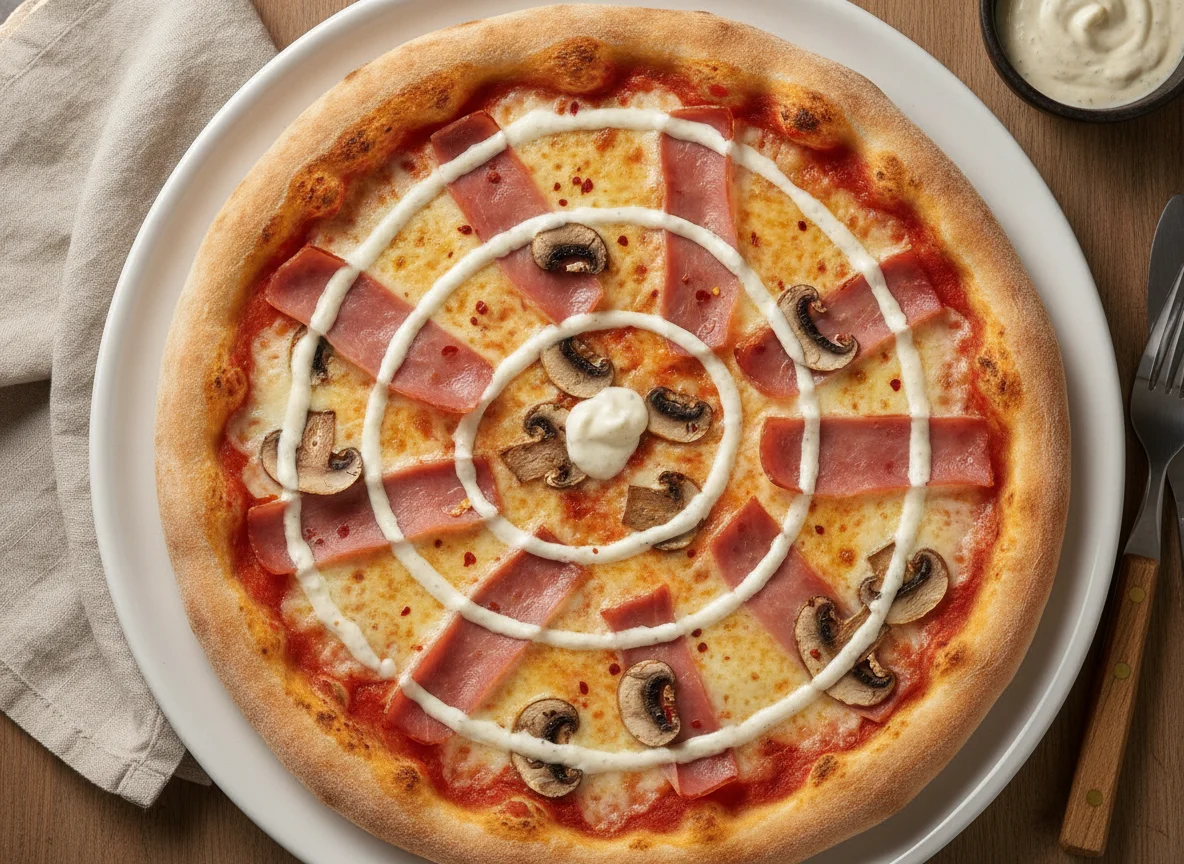 Pizza de jamón y hongos con salsa de ajo photo