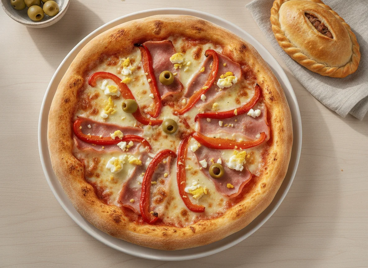 Pizza de jamón y morrones con empanada photo