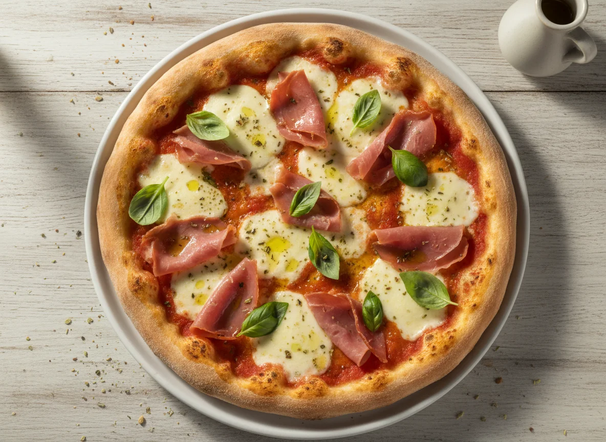 Pizza de jamón y queso con albahaca photo