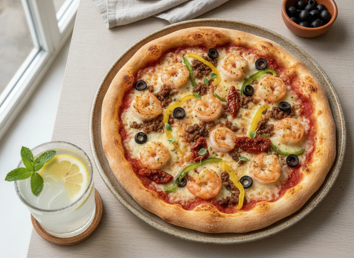 Pizza de mar y tierra con limonada photo