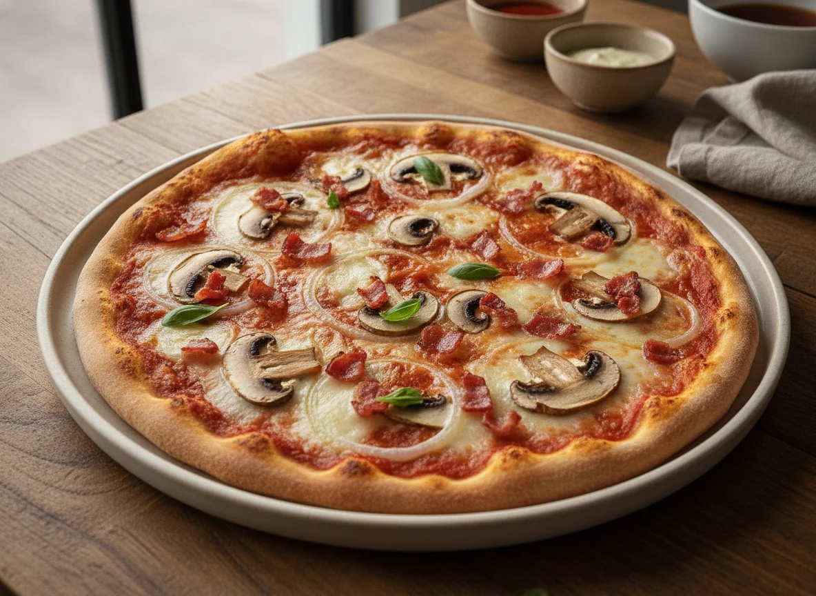 Pizza de masa delgada con tocino, champiñones y cebolla photo