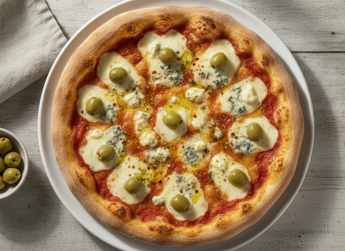 Pizza de muzzarella y roquefort con aceitunas photo