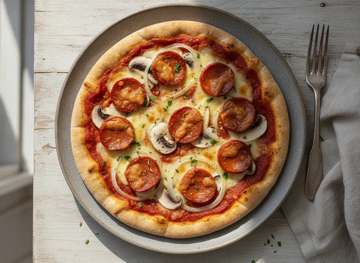 Pizza de pan pita con chorizo y champiñones photo
