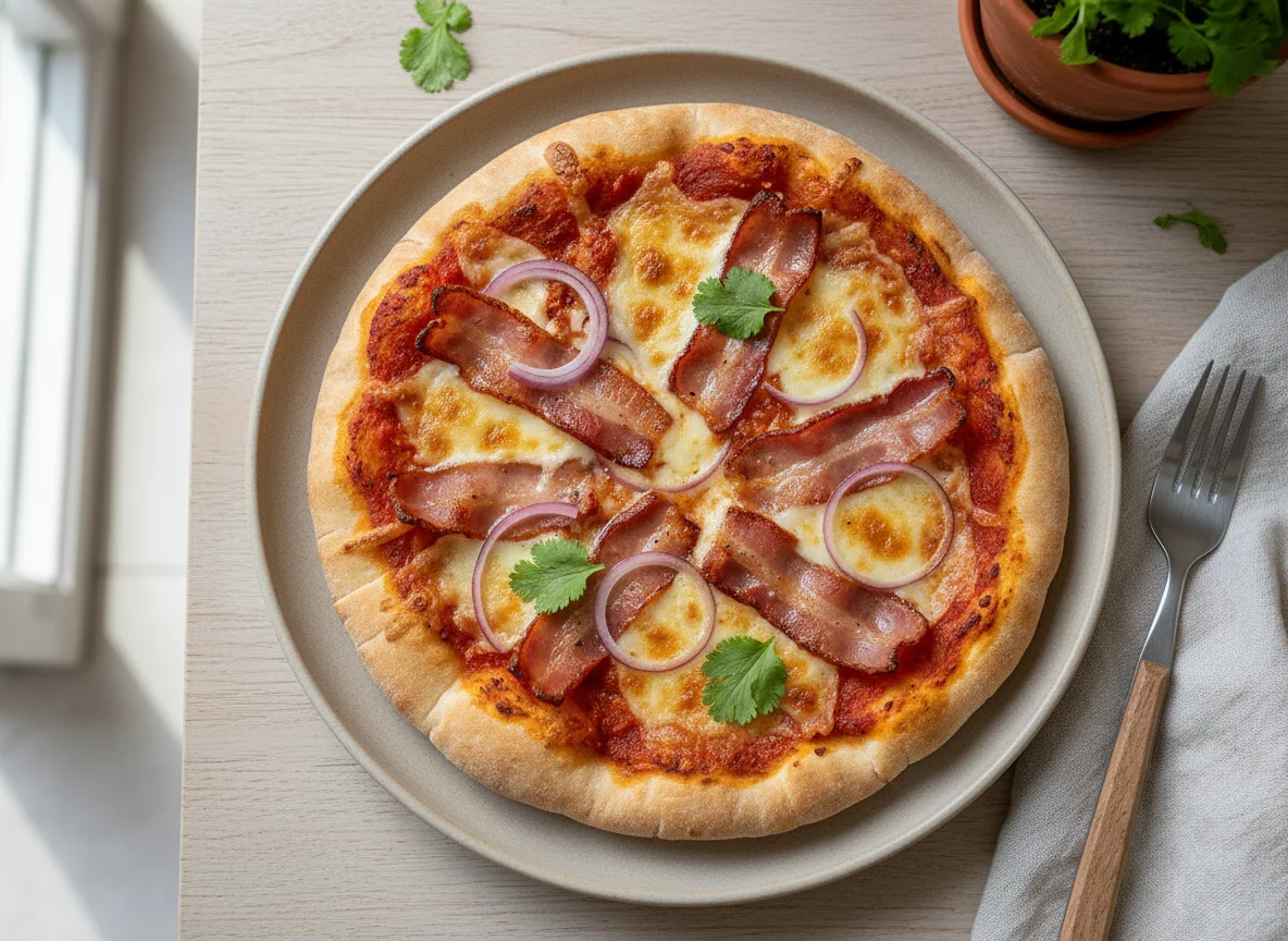 Pizza de pan pita con tocino photo