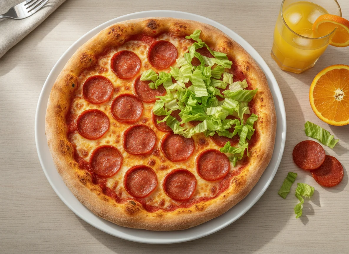 Pizza de pepperoni con lechuga y jugo de naranja photo