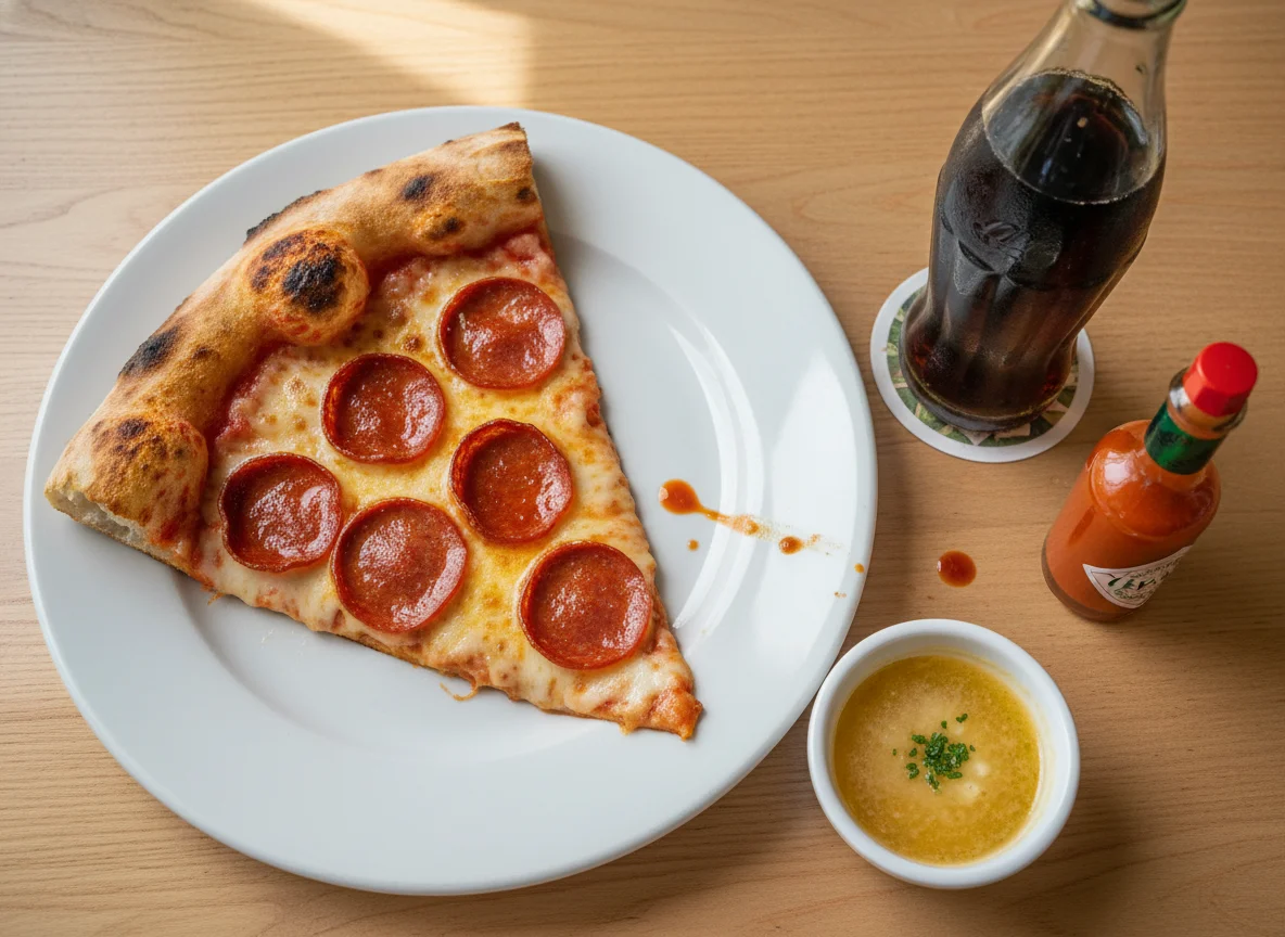 Pizza de pepperoni con refresco y aderezos photo