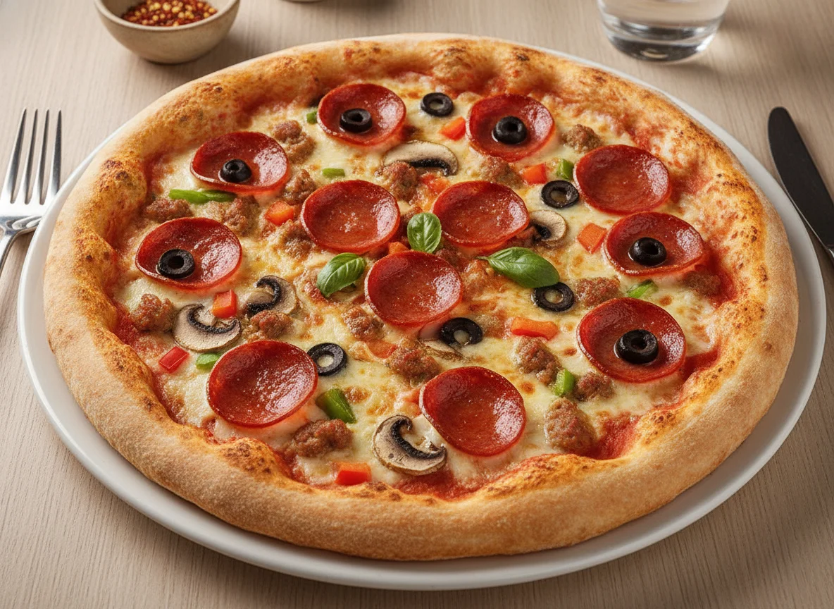 Pizza de pepperoni con vegetales y carne photo
