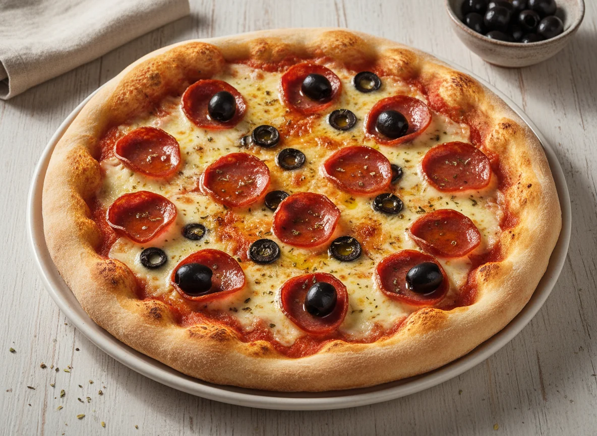 Pizza de pepperoni y aceitunas photo