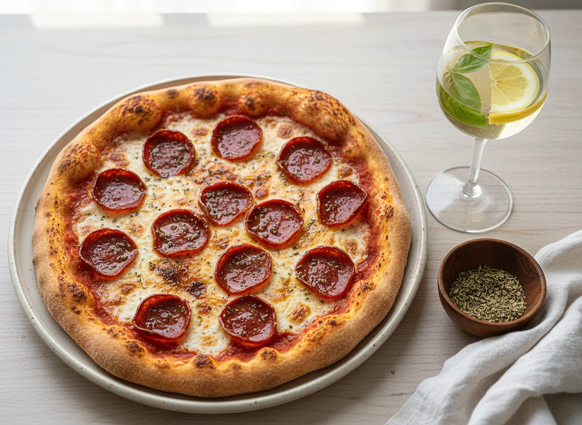 Pizza de pepperoni y bebida photo