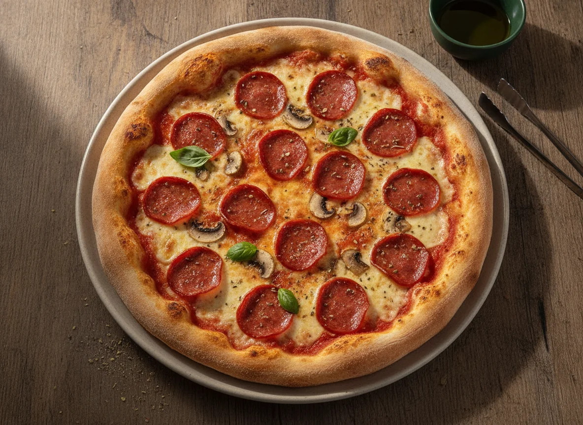 Pizza de pepperoni y champiñones photo