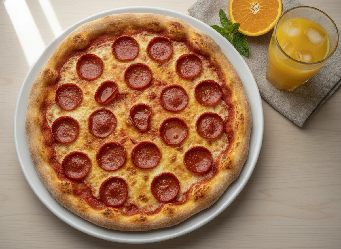 Pizza de pepperoni y jugo de naranja photo