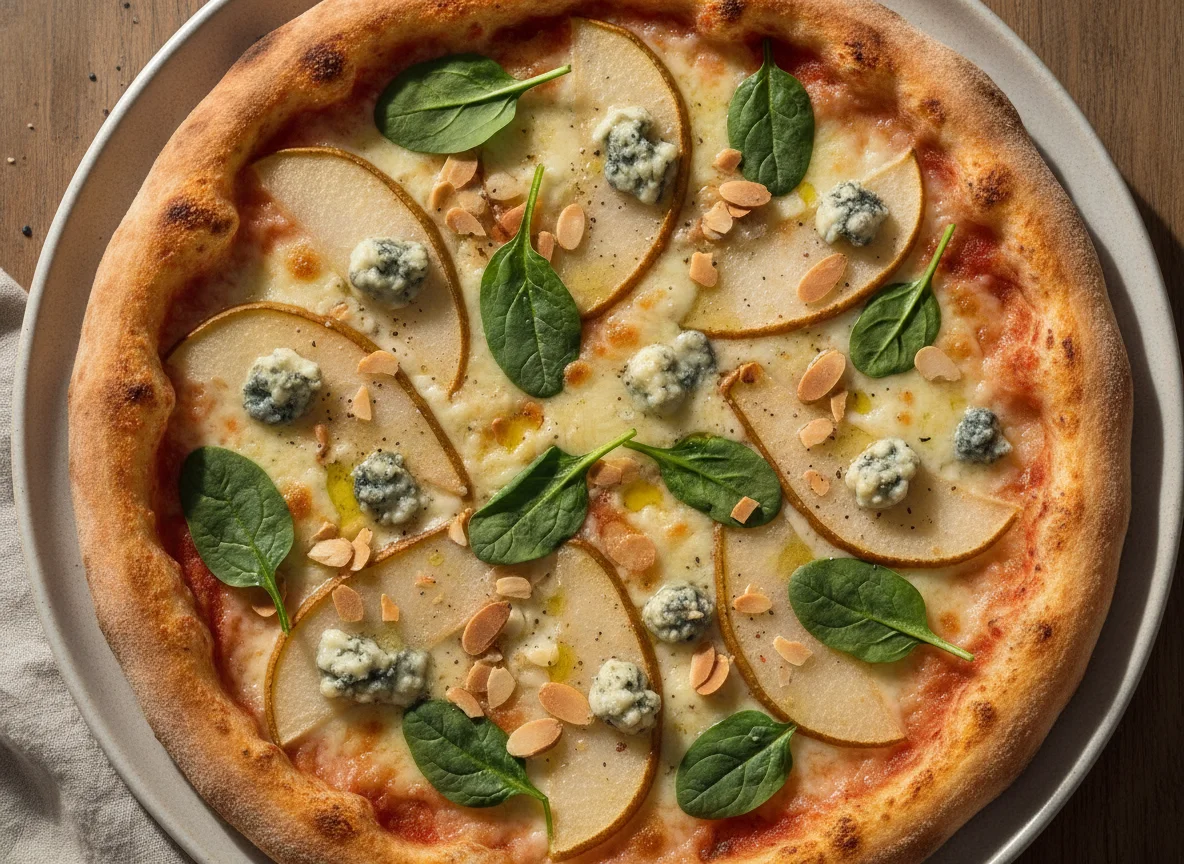 Pizza de pera, queso azul y almendras photo