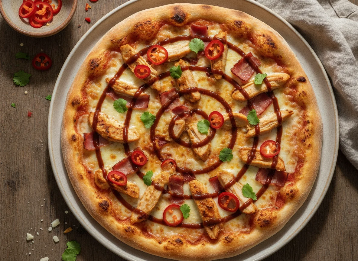 Pizza de pollo BBQ con tocino y ají photo