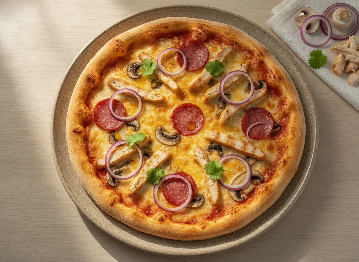 Pizza de pollo, cebolla roja y champiñones photo